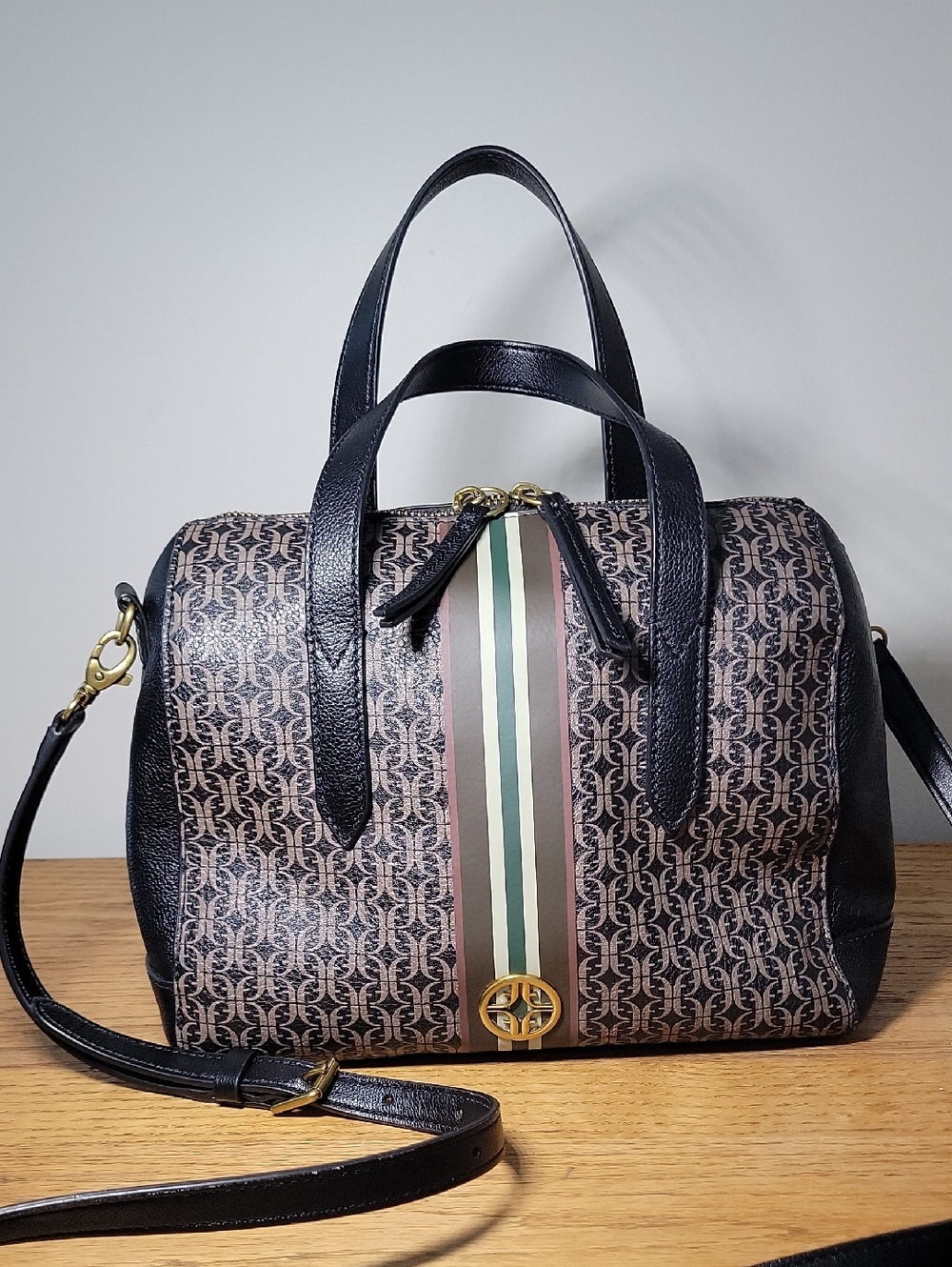 Fossil Monogram Satchel with Black, Brown, Green, Cream Stripes